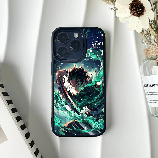 Tanjiro Kamado from Demon Slayer performing a vibrant green and teal sword slash technique on a durable metal phone case.